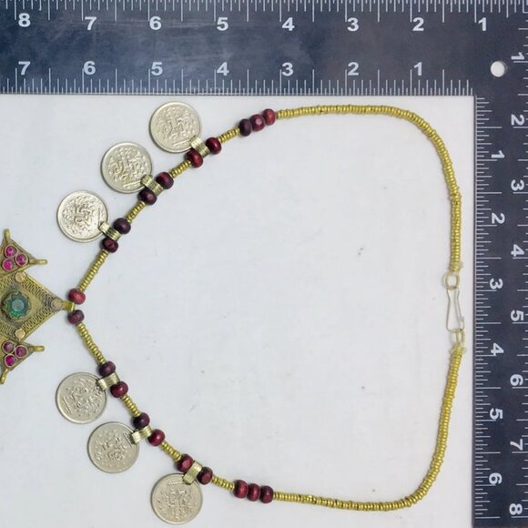 Vintage Coins Pendant Necklace, Metal And Wooden Beaded Chain Necklace - Picture 10 of 12